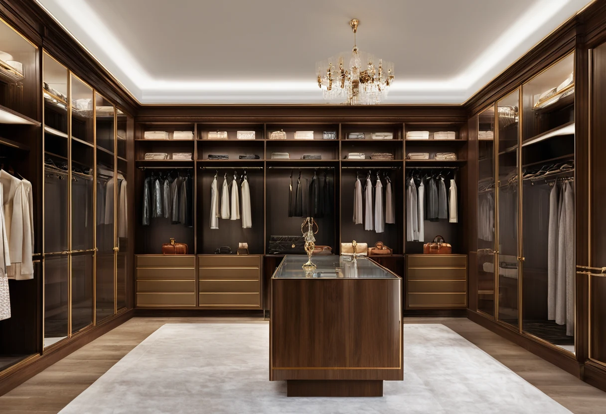 Bespoke walk-in closet for a collection with glass display cases, lit handbag shelves and a central island with watch drawers