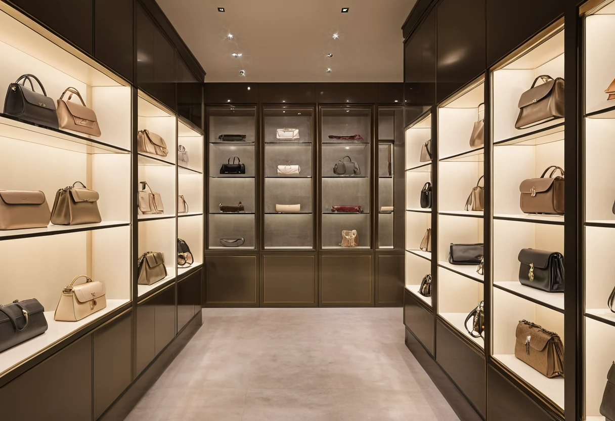 Backlit glass display shelves with luxury handbags evenly lit at low museum-grade levels