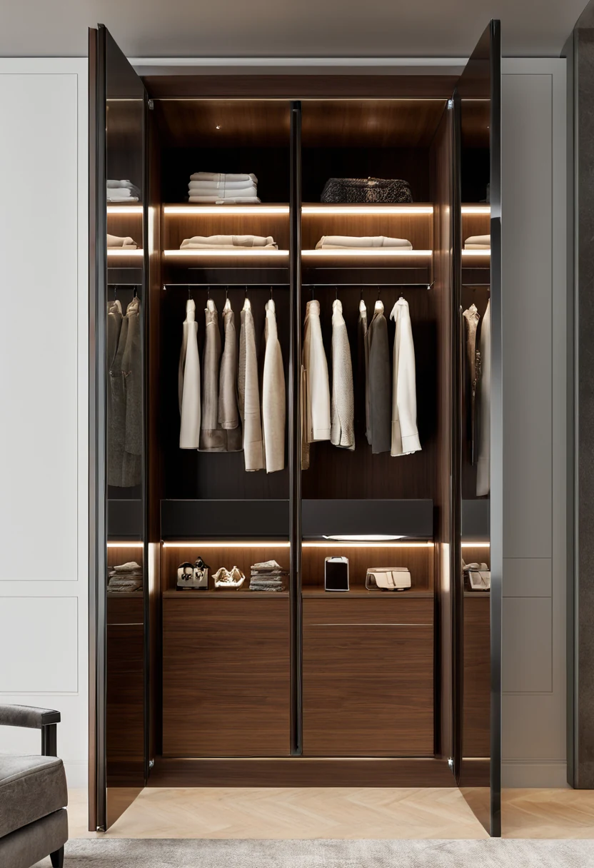 Mirrored wardrobe panel swung open to reveal a built-in certified vault cabinet with electronic lock