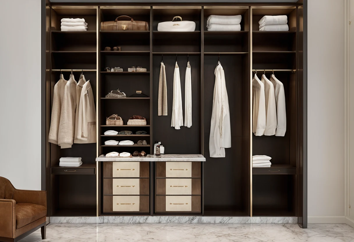 Garment care station with marble packing island, steamer niche, mirror with vertical lighting and a leather care kit