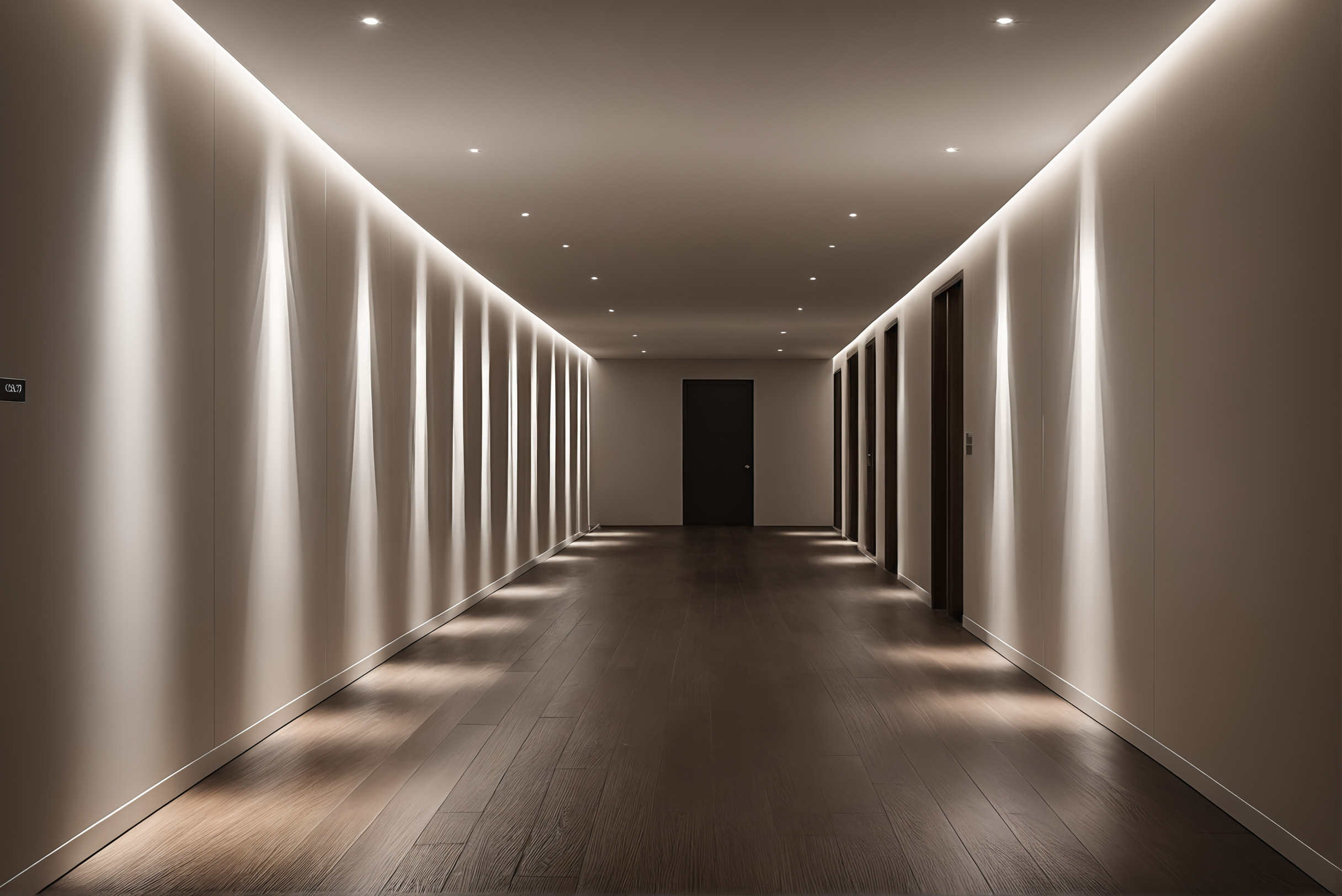 Corridor with recessed downlights aligned exactly on the axis