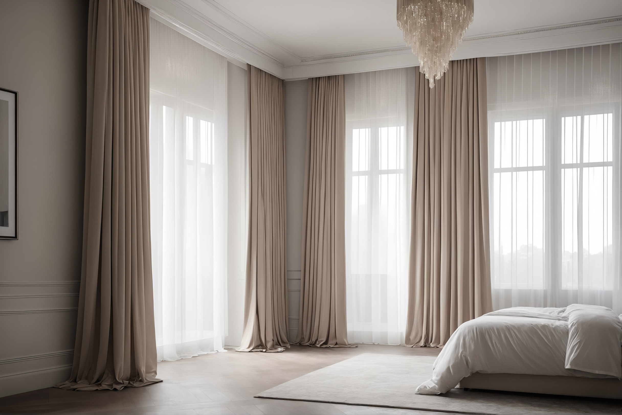 Full-height curtains falling from a concealed ceiling pocket in a bedroom