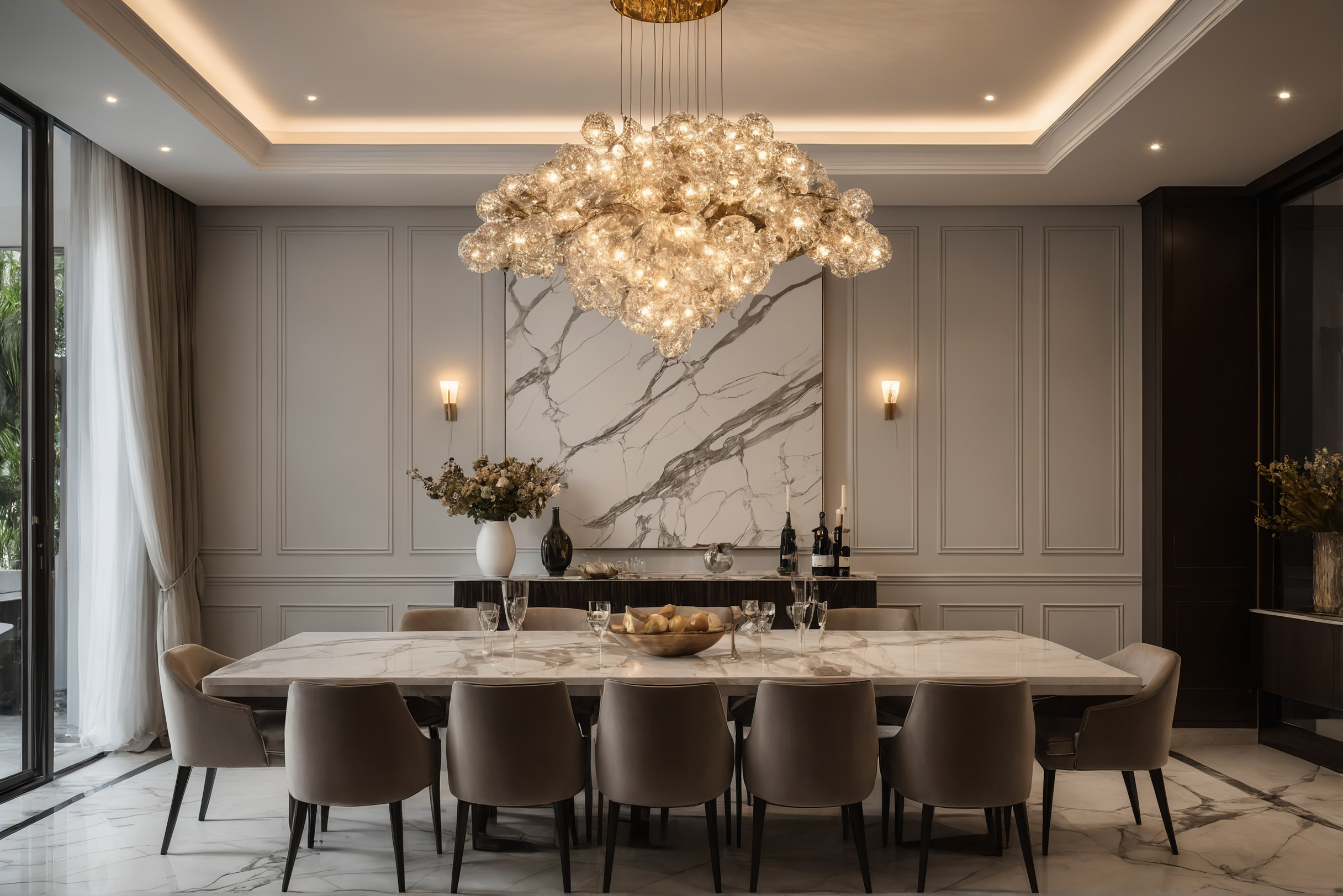 Chandelier centred exactly over a marble dining table with cove lighting above