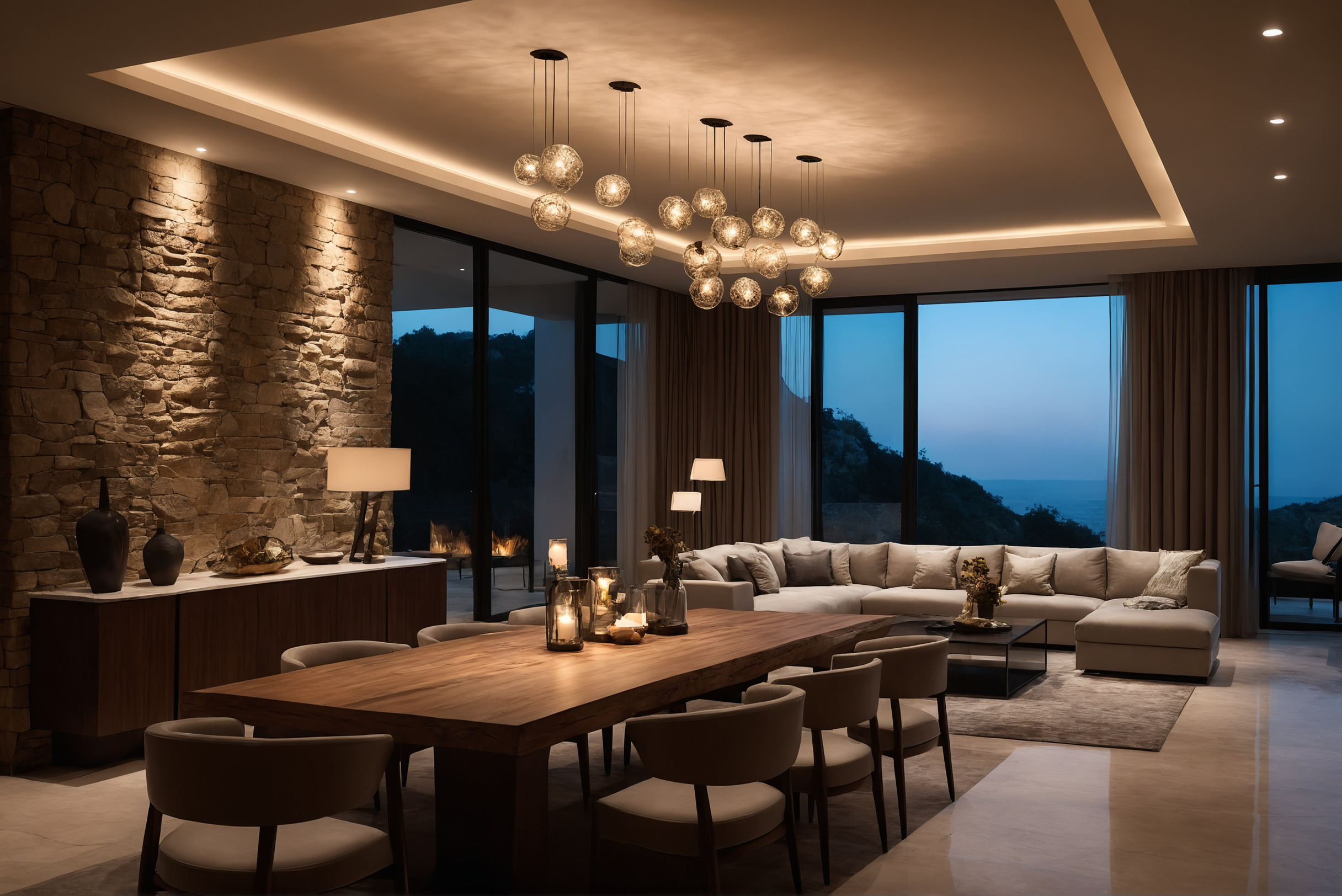 Living room at dusk with cove glow, downlights grazing a stone wall and table lamps in layers