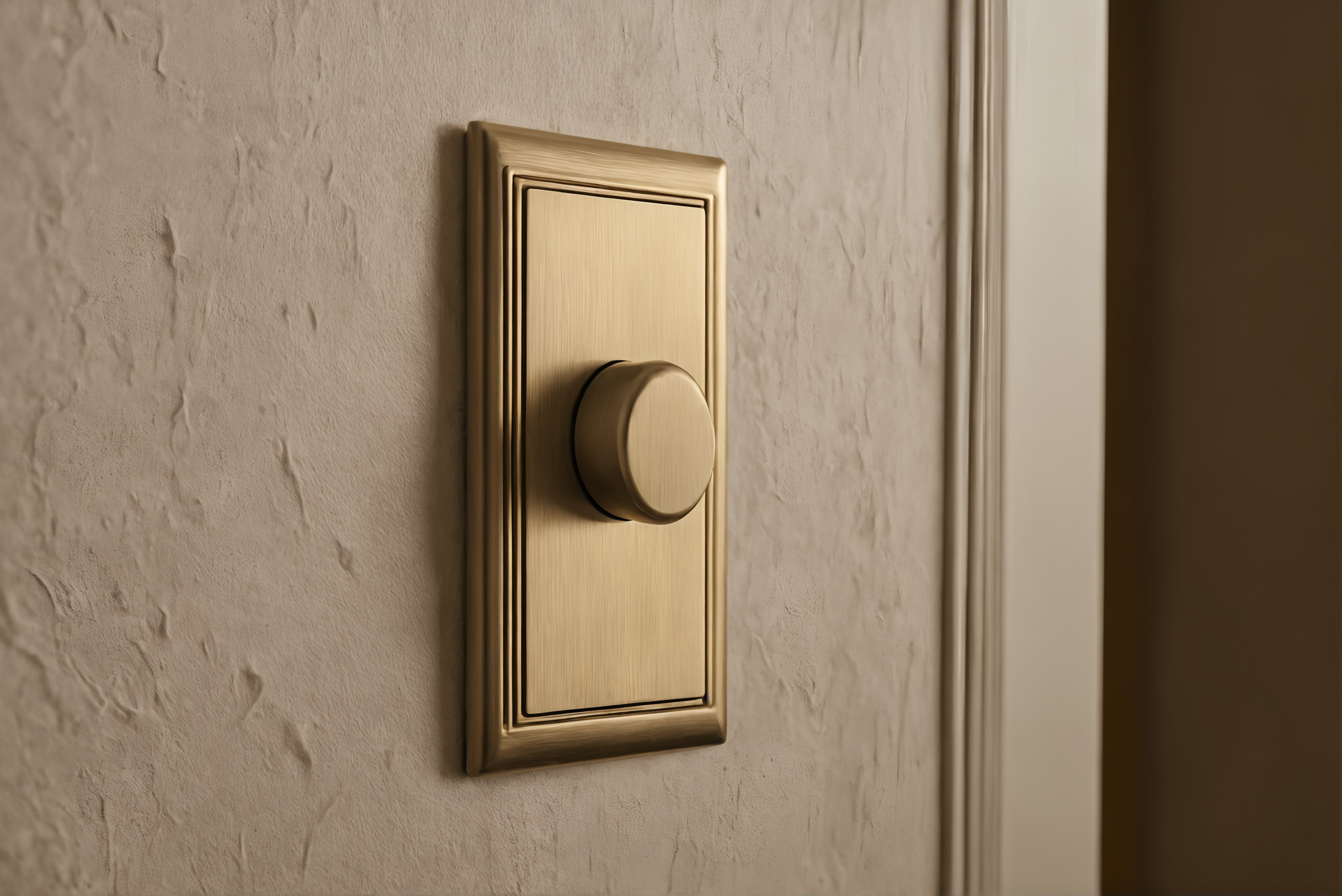 Brass dimmer switch plate on a plaster wall beside a bedroom door